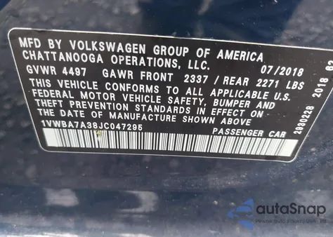 2018 Volkswagen Passat 2.0T Se z USA, uszkodzony, nr VIN 1VWBA7A38JC047295